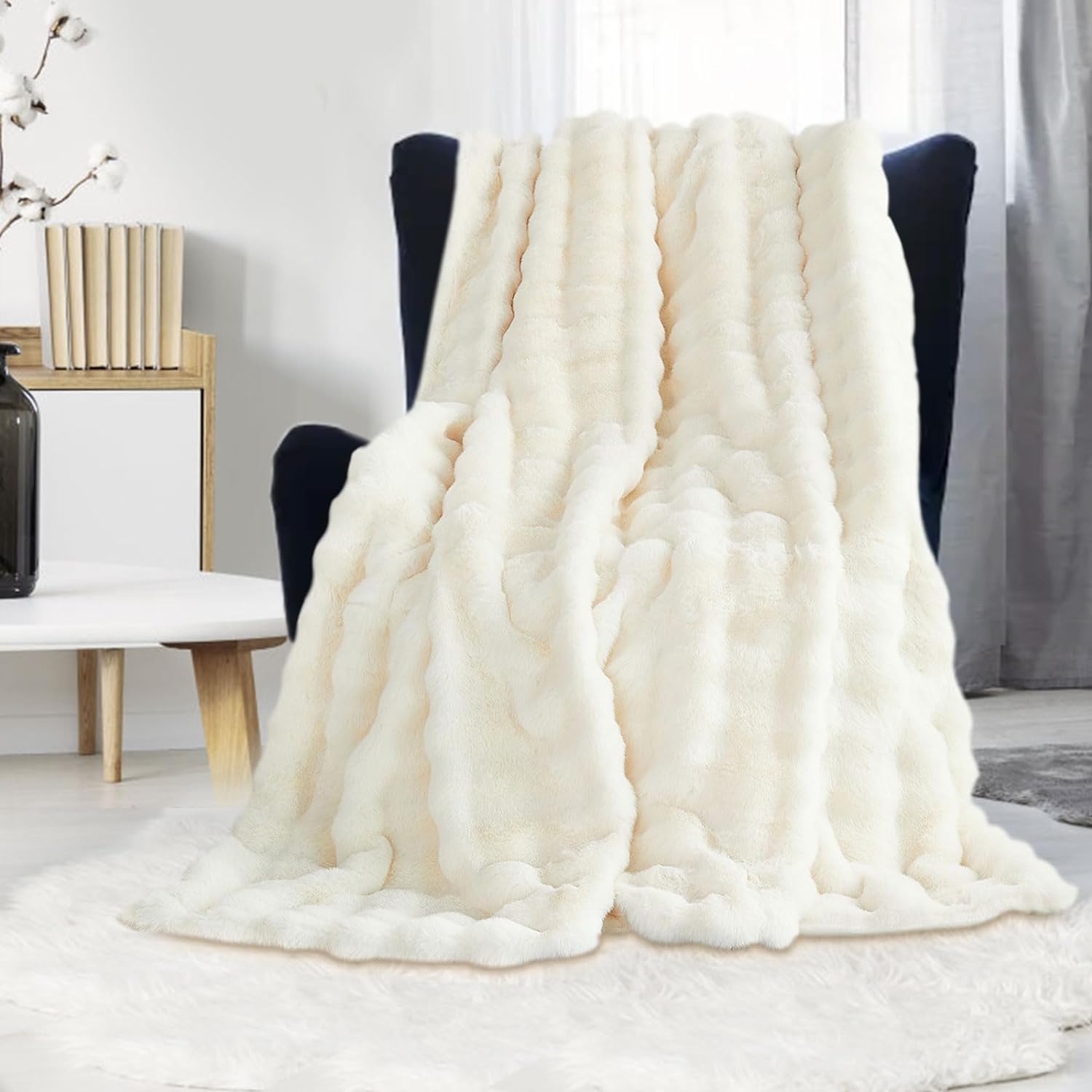 Plaid Doux Effet Laine Tricotée LINDER Collection Camille - Blanc, Franges, 130x160 Cm, 100% Polyester