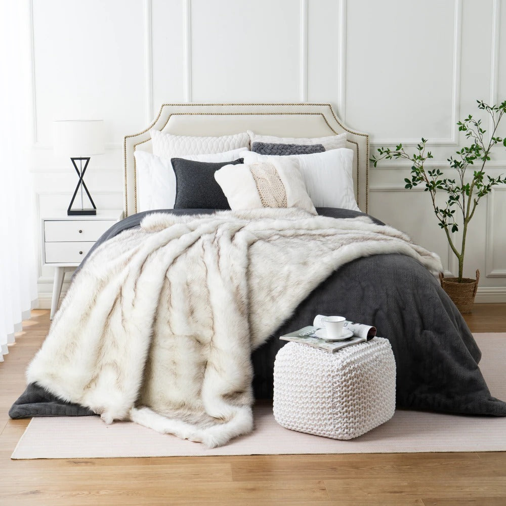 Plaid Fausse Fourrure Poils Longs Super Doux - Couverture Canapé Lit 130x160cm (Blanc)